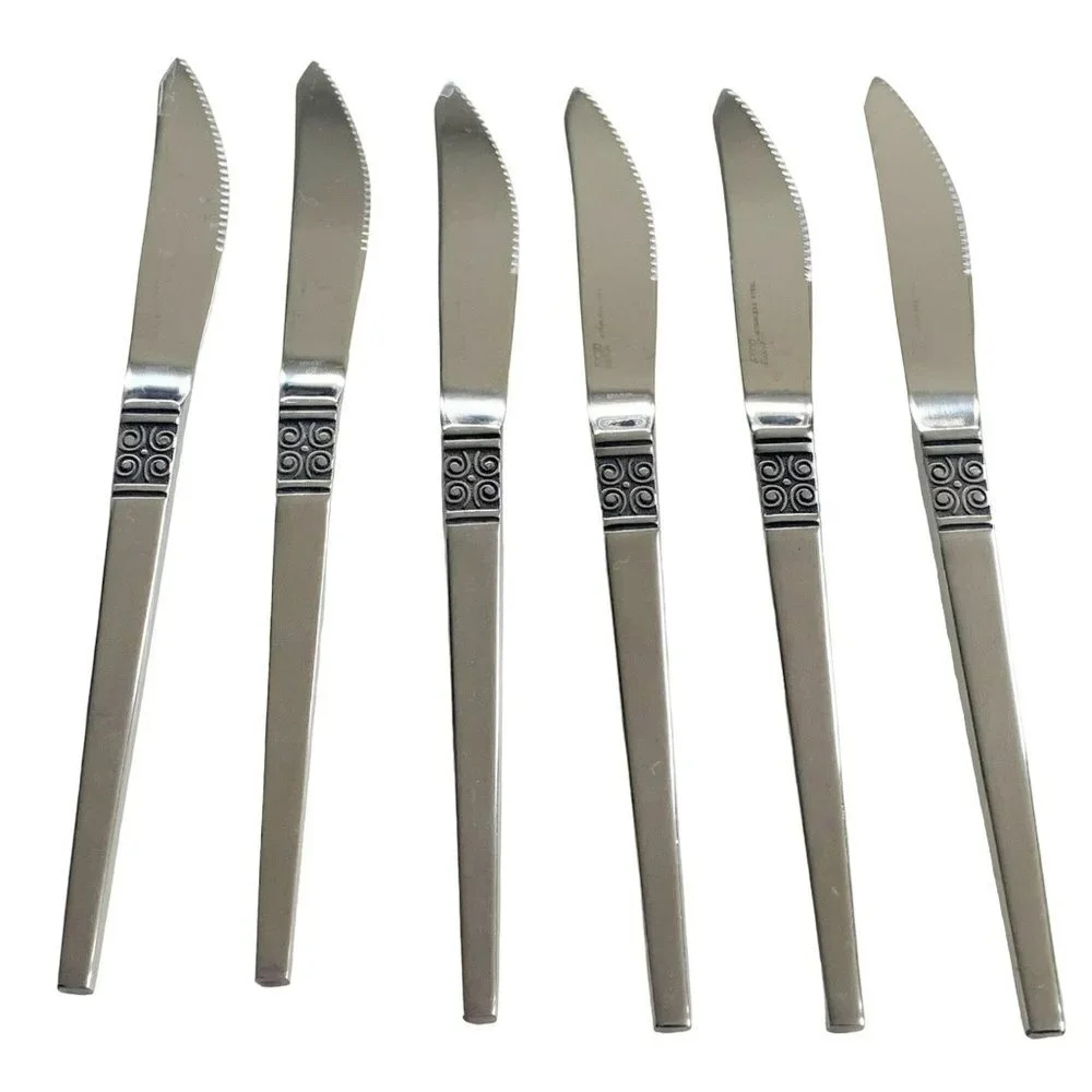 Vintage Ekco Eterna Gemini Dinner Steak Knives Japan MCM Scroll Set of 6